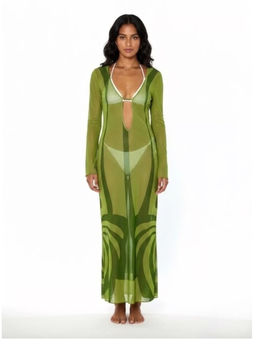 NWT Caroline Constas Zulina Green Sheer Maxi Cover-Up Dress Long Sleeves Small